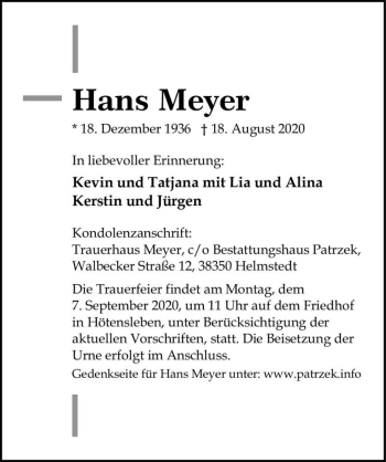 Traueranzeige von Hans Meyer  von Magdeburger Volksstimme
