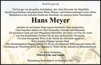 Traueranzeige von Hans Meyer  von Magdeburger Volksstimme