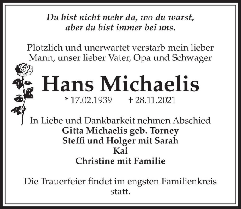  Traueranzeige für Hans Michaelis  vom 04.12.2021 aus Magdeburger Volksstimme