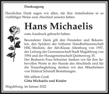 Traueranzeige von Hans Michaelis  von Magdeburger Volksstimme