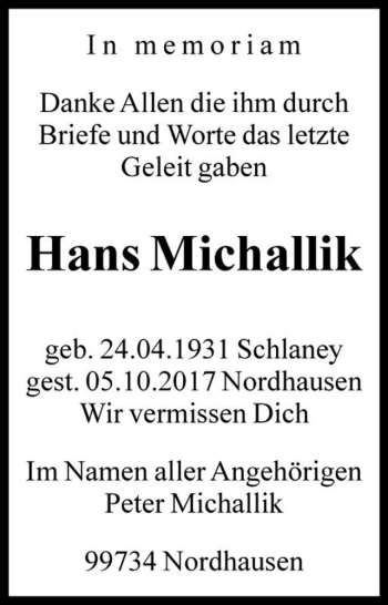 Traueranzeige von Hans Michallik  von Magdeburger Volksstimme