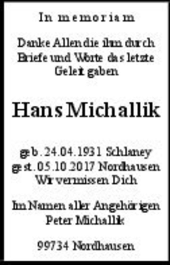 Traueranzeige von Hans Michallik  von Magdeburger Volksstimme