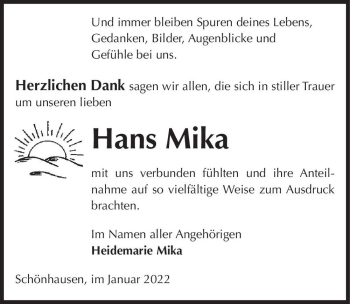 Traueranzeige von Hans Mika  von Magdeburger Volksstimme