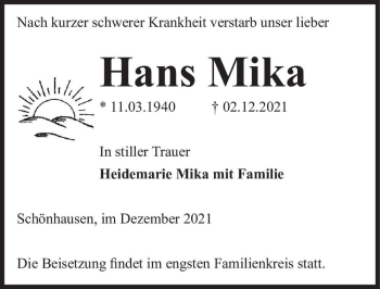Traueranzeige von Hans Mika  von Magdeburger Volksstimme