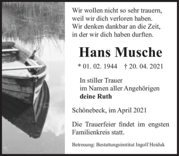 Traueranzeige von Hans Musche  von Magdeburger Volksstimme