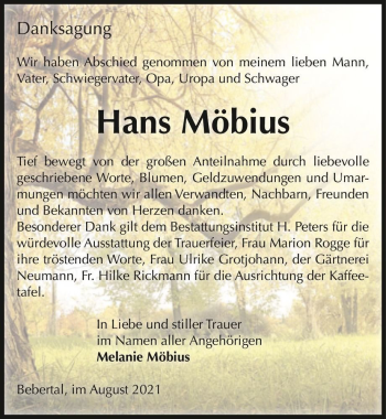 Traueranzeige von Hans Möbius  von Magdeburger Volksstimme