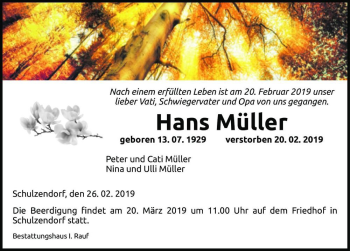 Traueranzeige von Hans Müller  von Magdeburger Volksstimme