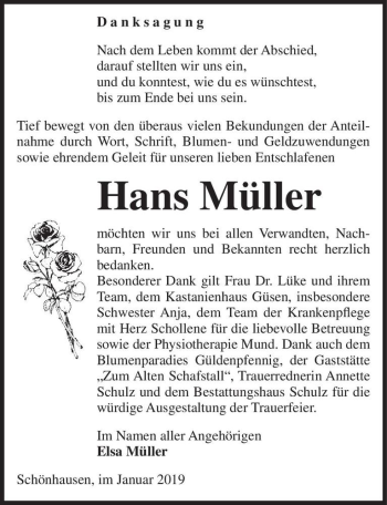 Traueranzeige von Hans Müller  von Magdeburger Volksstimme