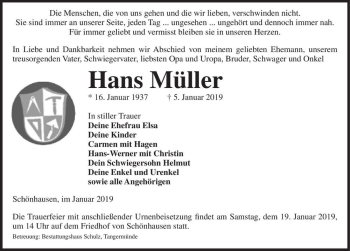 Traueranzeige von Hans Müller  von Magdeburger Volksstimme