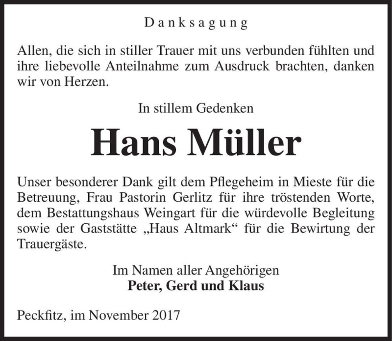  Traueranzeige für Hans Müller  vom 29.11.2017 aus Magdeburger Volksstimme