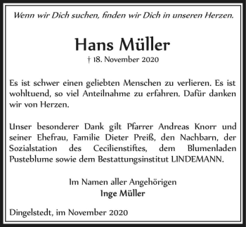 Traueranzeige von Hans Müller  von Magdeburger Volksstimme