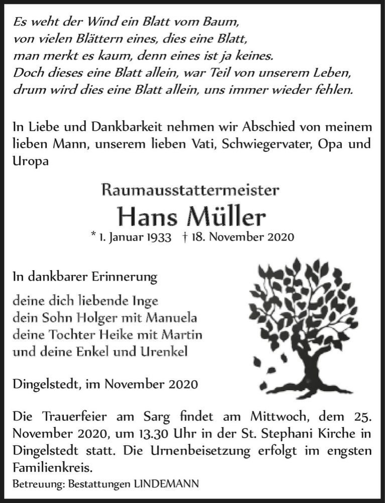  Traueranzeige für Hans Müller  vom 21.11.2020 aus Magdeburger Volksstimme