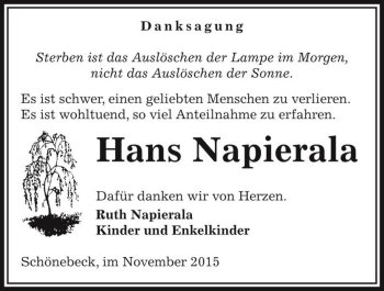 Traueranzeige von Hans Napierala  von Magdeburger Volksstimme
