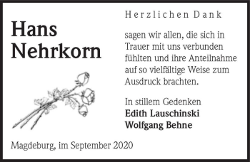 Traueranzeige von Hans Nehrkorn  von Magdeburger Volksstimme