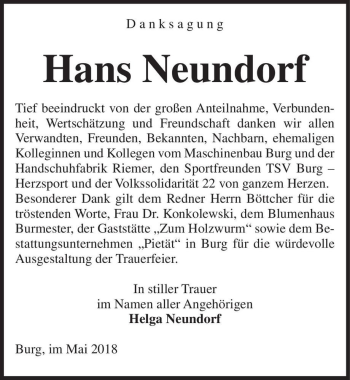 Traueranzeige von Hans Neuendorf  von Magdeburger Volksstimme