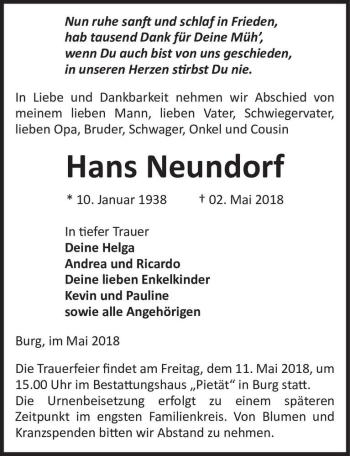 Traueranzeige von Hans Neundorf  von Magdeburger Volksstimme