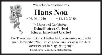 Traueranzeige von Hans Noa  von Magdeburger Volksstimme