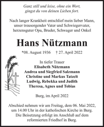 Traueranzeige von Hans Nützmann  von Magdeburger Volksstimme