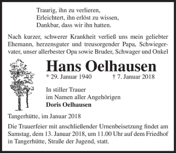Traueranzeige von Hans Oelhausen  von Magdeburger Volksstimme