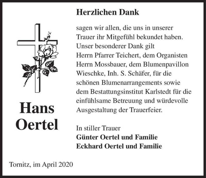  Traueranzeige für Hans Oertel  vom 11.04.2020 aus Magdeburger Volksstimme