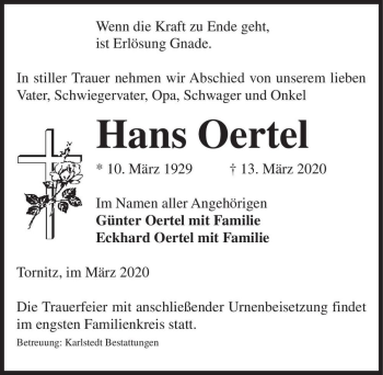 Traueranzeige von Hans Oertel  von Magdeburger Volksstimme
