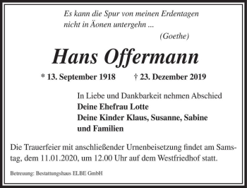 Traueranzeige von Hans Offermann  von Magdeburger Volksstimme