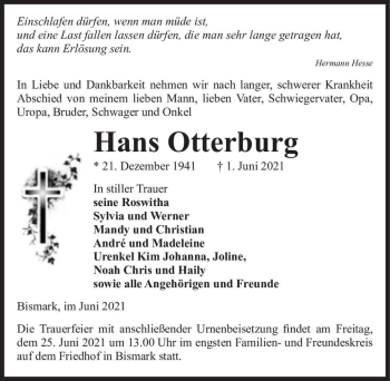 Traueranzeige von Hans Otterburg  von Magdeburger Volksstimme