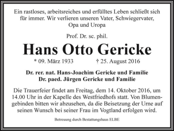 Traueranzeige von Hans Otto Gericke  von Magdeburger Volksstimme