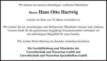 Traueranzeige von Hans Otto Hartwig  von Magdeburger Volksstimme