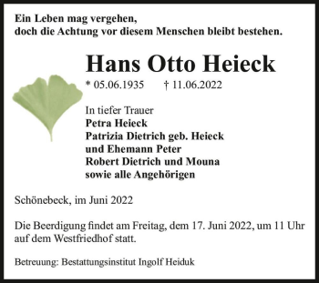 Traueranzeige von Hans Otto Heieck  von Magdeburger Volksstimme