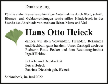 Traueranzeige von Hans Otto Heieck  von Magdeburger Volksstimme