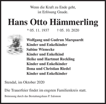 Traueranzeige von Hans Otto Hämmerling  von Magdeburger Volksstimme