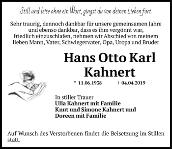 Traueranzeige von Hans Otto Karl Kahnert  von Magdeburger Volksstimme
