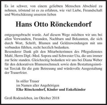 Traueranzeige von Hans Otto Rönckendorf  von Magdeburger Volksstimme