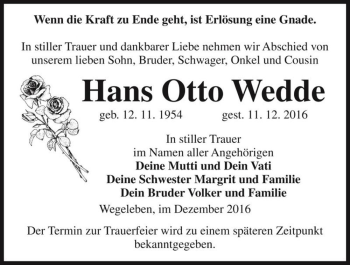 Traueranzeige von Hans Otto Wedde  von Magdeburger Volksstimme