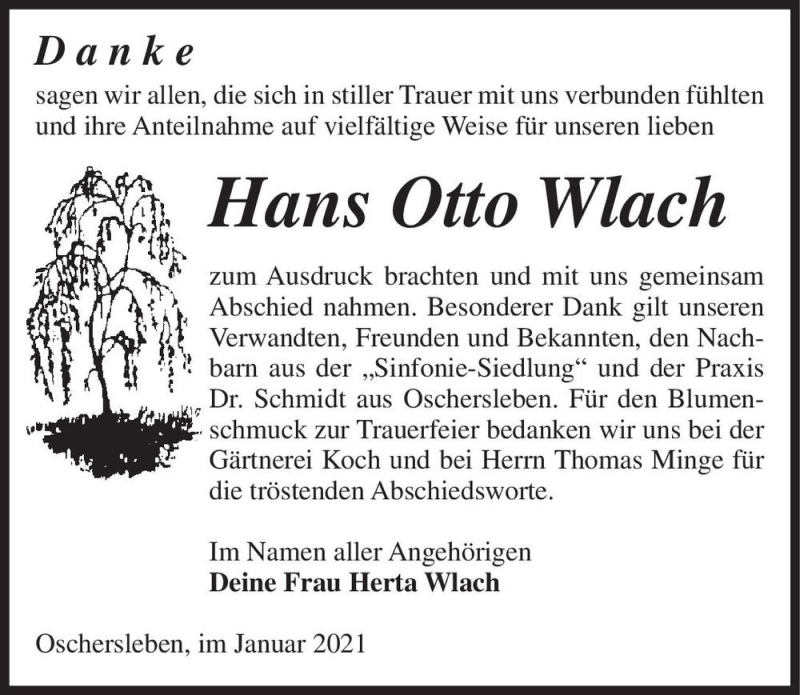  Traueranzeige für Hans Otto Wlach  vom 20.01.2021 aus Magdeburger Volksstimme