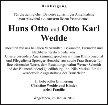 Traueranzeige von Hans Otto und Otto Karl Wedde  von Magdeburger Volksstimme
