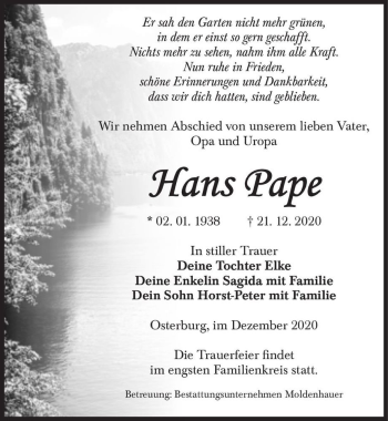 Traueranzeige von Hans Pape  von Magdeburger Volksstimme