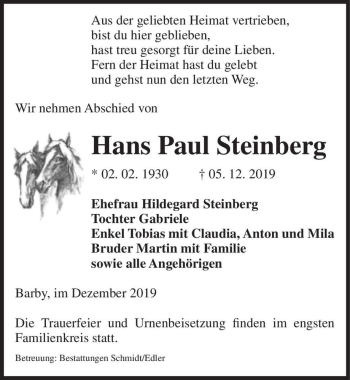 Traueranzeige von Hans Paul Steinberg  von Magdeburger Volksstimme