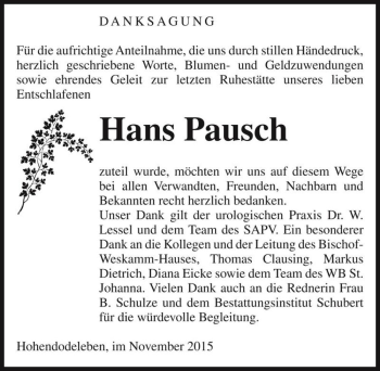 Traueranzeige von Hans Pausch  von Magdeburger Volksstimme