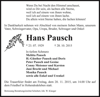 Traueranzeige von Hans Pausch  von Magdeburger Volksstimme