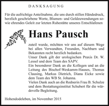 Traueranzeige von Hans Pausch  von Magdeburger Volksstimme