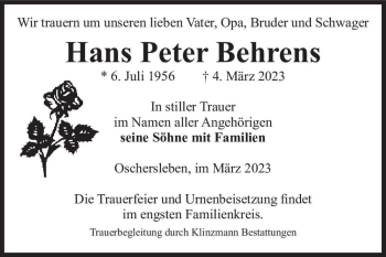 Traueranzeige von Hans Peter Behrens  von Magdeburger Volksstimme