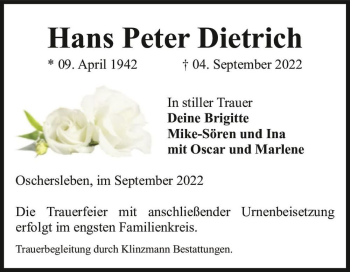 Traueranzeige von Hans Peter Dietrich  von Magdeburger Volksstimme