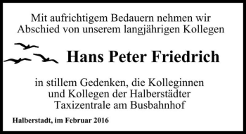 Traueranzeige von Hans Peter Friedrich  von Magdeburger Volksstimme