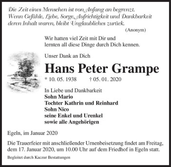 Traueranzeige von Hans Peter Grampe  von Magdeburger Volksstimme