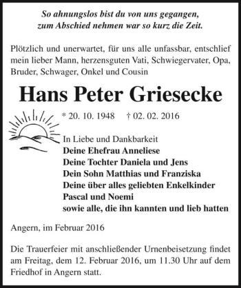 Traueranzeige von Hans Peter Griesecke  von Magdeburger Volksstimme