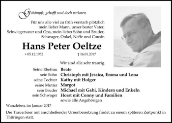 Traueranzeige von Hans Peter Oeltze  von Magdeburger Volksstimme