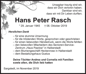 Traueranzeige von Hans Peter Rasch  von Magdeburger Volksstimme