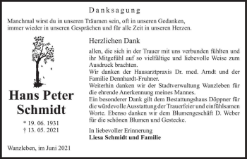 Traueranzeige von Hans Peter Schmidt  von Magdeburger Volksstimme